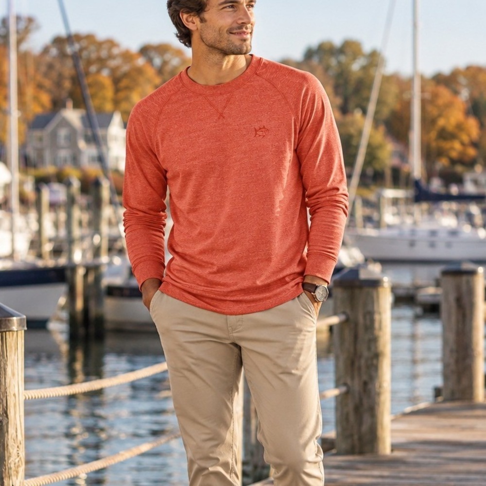 Southern Tide Mens M Tide to Trail Long Sleeve Performance Tee Orange Heather